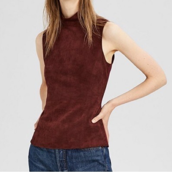 Theory Suede-Ponte Mock Top Dark Currant Sleeveless Lamb Leather H0700534 Eulia